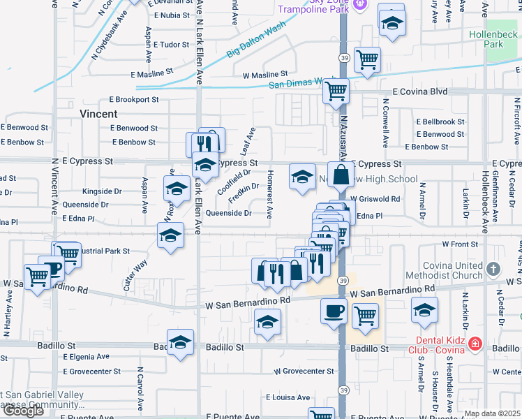 map of restaurants, bars, coffee shops, grocery stores, and more near 1145 East Queenside Drive in Covina
