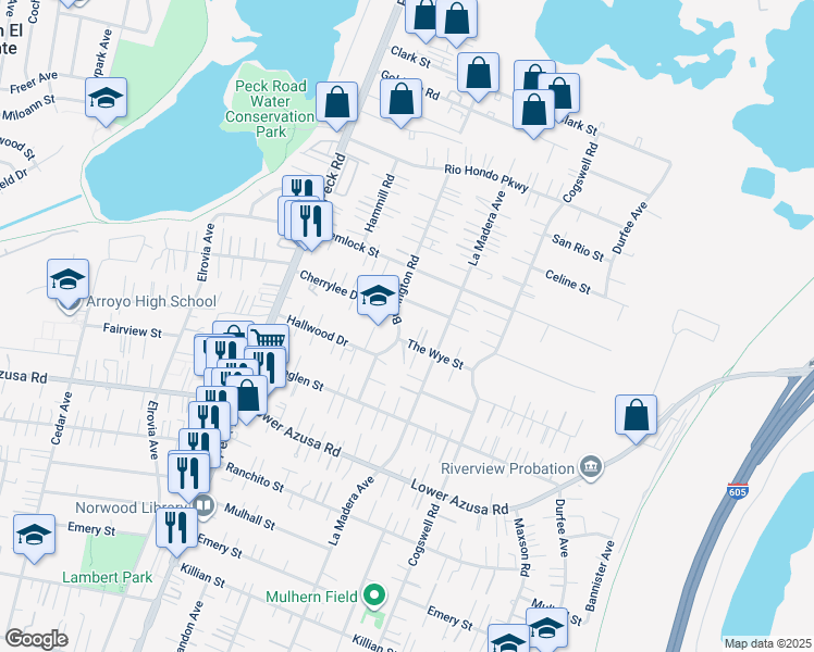 map of restaurants, bars, coffee shops, grocery stores, and more near 5044 Buffington Road in El Monte
