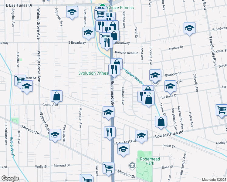 map of restaurants, bars, coffee shops, grocery stores, and more near 9023 Pentland Street in Temple City