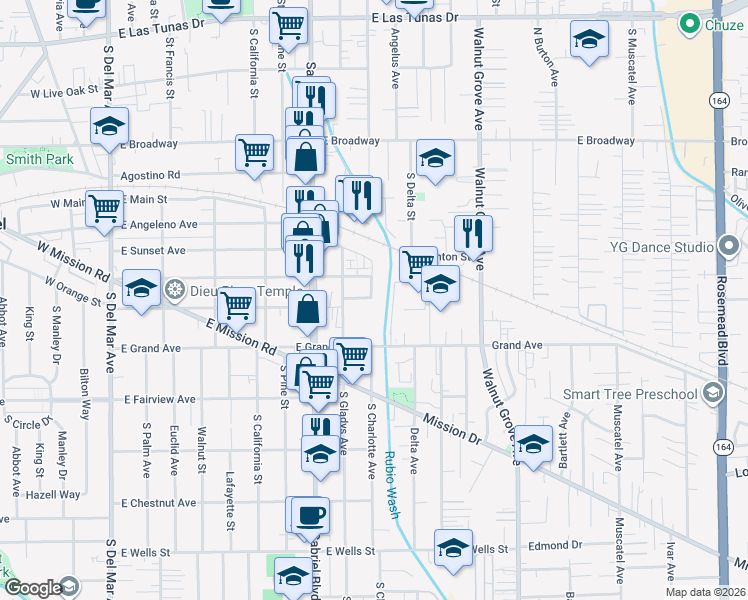 map of restaurants, bars, coffee shops, grocery stores, and more near 802 South Gladys Avenue in San Gabriel