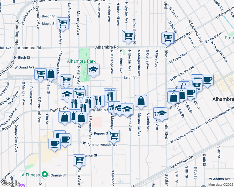 map of restaurants, bars, coffee shops, grocery stores, and more near 118 North Marengo Avenue in Alhambra