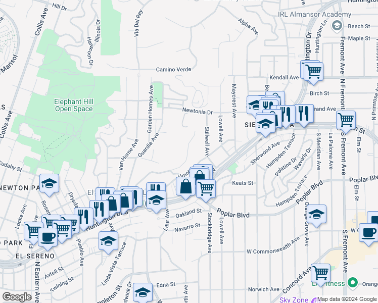 map of restaurants, bars, coffee shops, grocery stores, and more near 4165 Barrett Road in Los Angeles