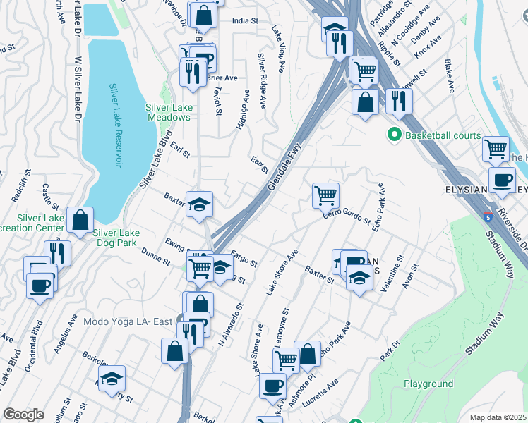 map of restaurants, bars, coffee shops, grocery stores, and more near 2168 Allesandro Street in Los Angeles