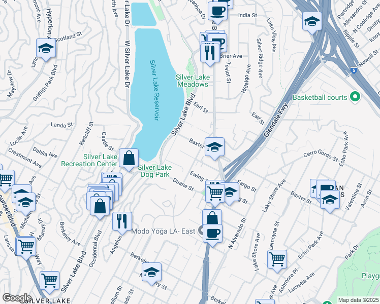 map of restaurants, bars, coffee shops, grocery stores, and more near 2333 Fargo Street in Los Angeles