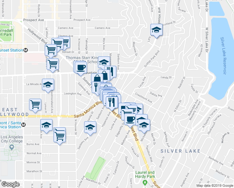 map of restaurants, bars, coffee shops, grocery stores, and more near 1140 Sanborn Avenue in Los Angeles