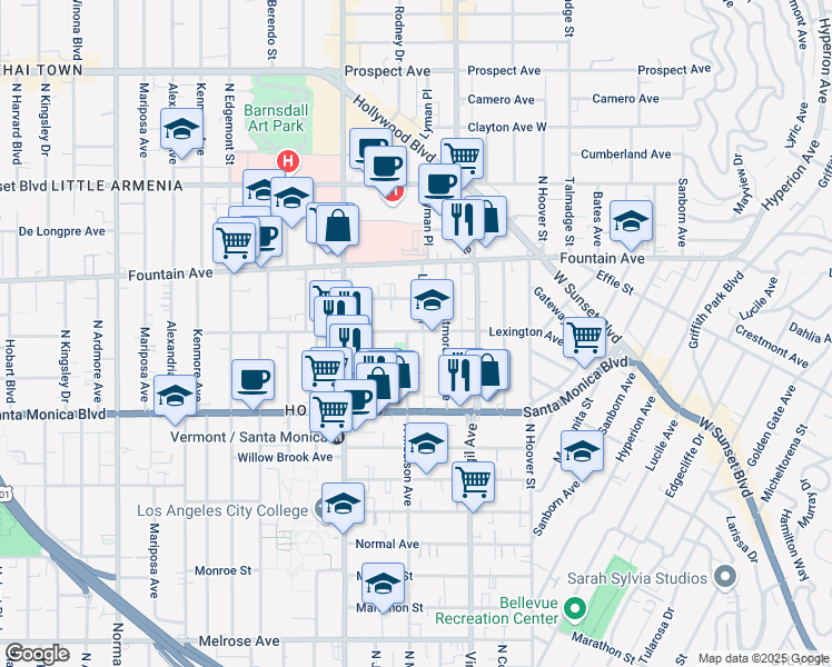 map of restaurants, bars, coffee shops, grocery stores, and more near 4558 Lexington Avenue in Los Angeles