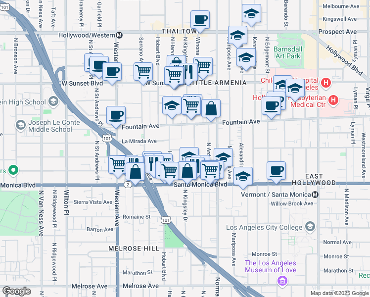 map of restaurants, bars, coffee shops, grocery stores, and more near 5225 Lexington Avenue in Los Angeles