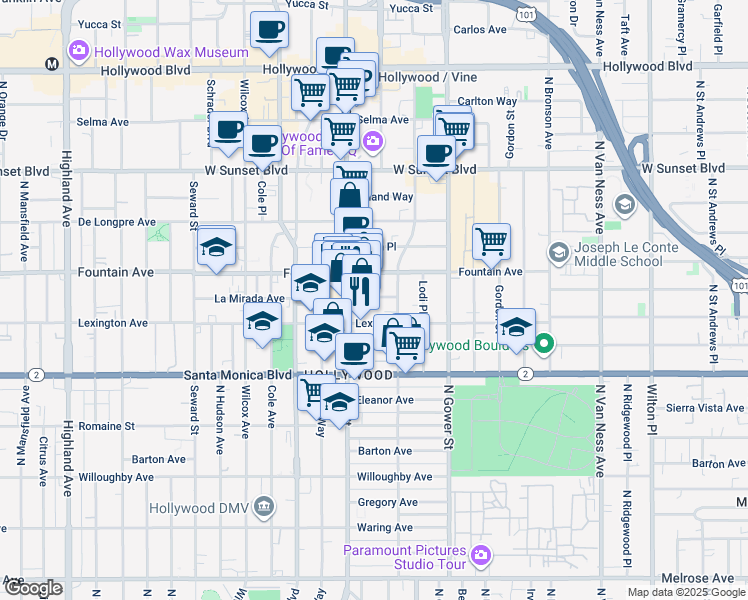 map of restaurants, bars, coffee shops, grocery stores, and more near Fountain Avenue in Los Angeles