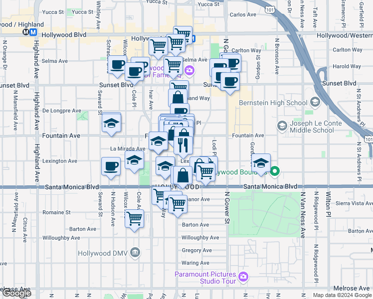 map of restaurants, bars, coffee shops, grocery stores, and more near Fountain Avenue in Los Angeles