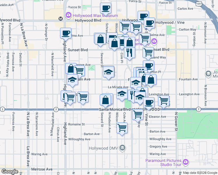 map of restaurants, bars, coffee shops, grocery stores, and more near 6523 La Mirada Avenue in Los Angeles