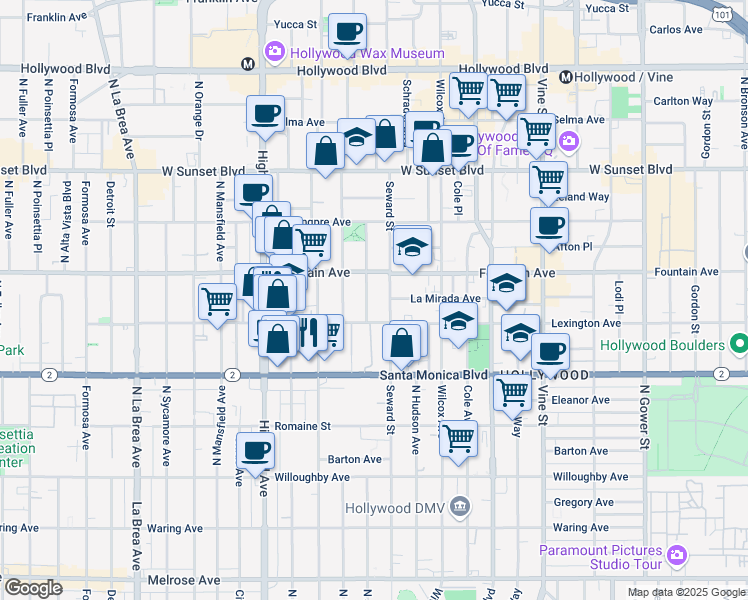 map of restaurants, bars, coffee shops, grocery stores, and more near 1231 Seward Street in Los Angeles