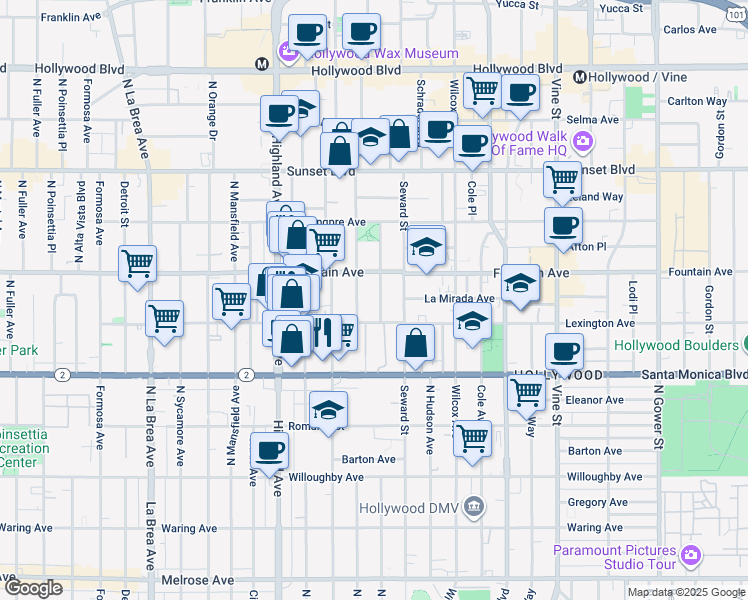 map of restaurants, bars, coffee shops, grocery stores, and more near 1234 North Cherokee Avenue in Los Angeles