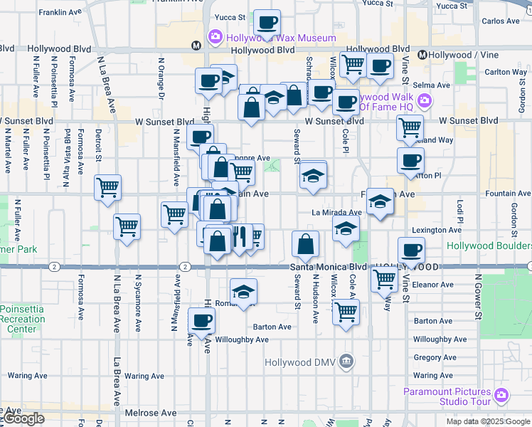 map of restaurants, bars, coffee shops, grocery stores, and more near 1234 North Cherokee Avenue in Los Angeles