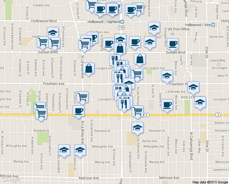 map of restaurants, bars, coffee shops, grocery stores, and more near 1229 North Citrus Avenue in Los Angeles