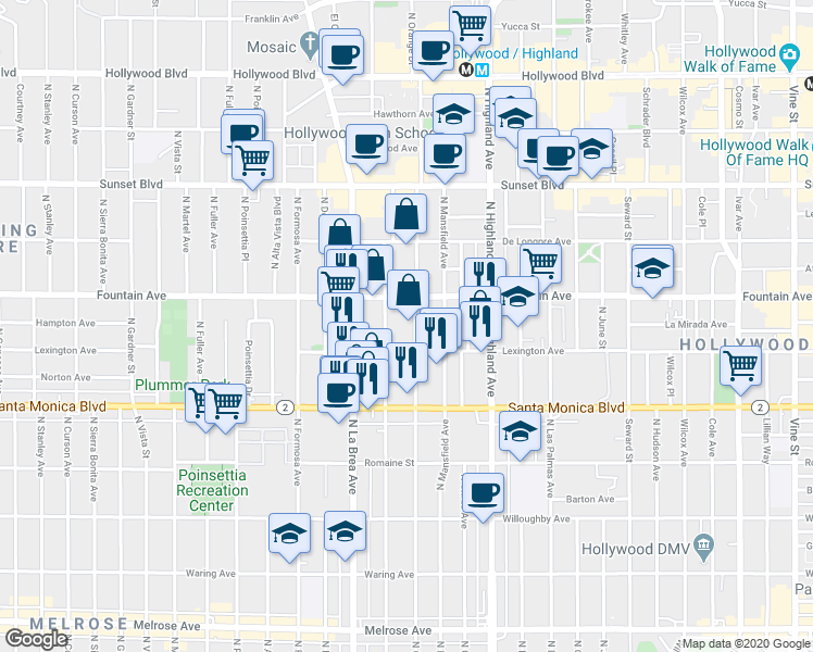 map of restaurants, bars, coffee shops, grocery stores, and more near 1232 North Sycamore Avenue in Los Angeles
