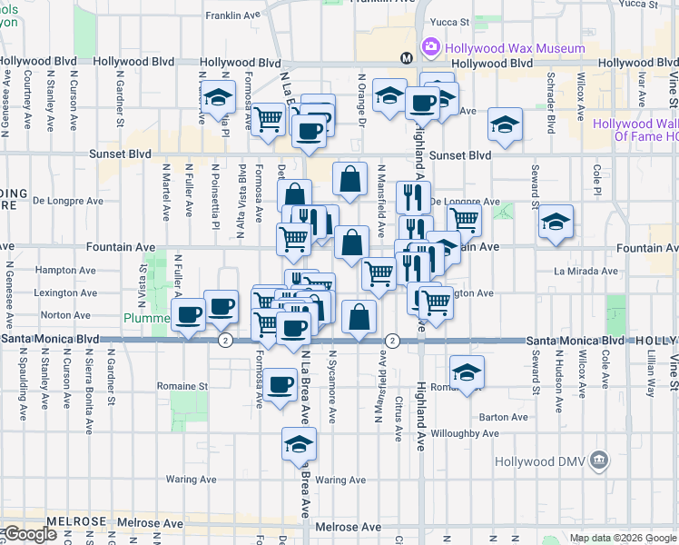 map of restaurants, bars, coffee shops, grocery stores, and more near 1232 North Sycamore Avenue in Los Angeles