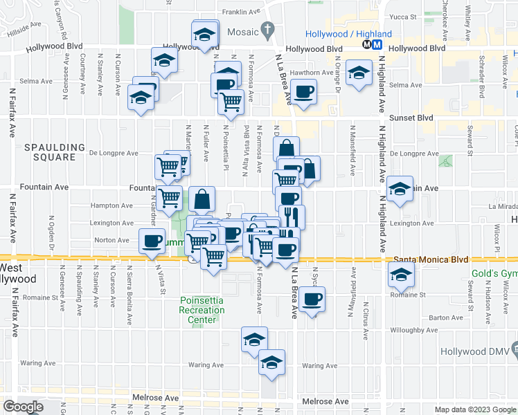 map of restaurants, bars, coffee shops, grocery stores, and more near 1232 North Poinsettia Place in West Hollywood