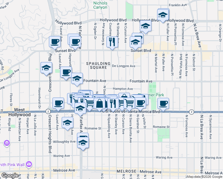 map of restaurants, bars, coffee shops, grocery stores, and more near 7720 Hampton Avenue in Los Angeles