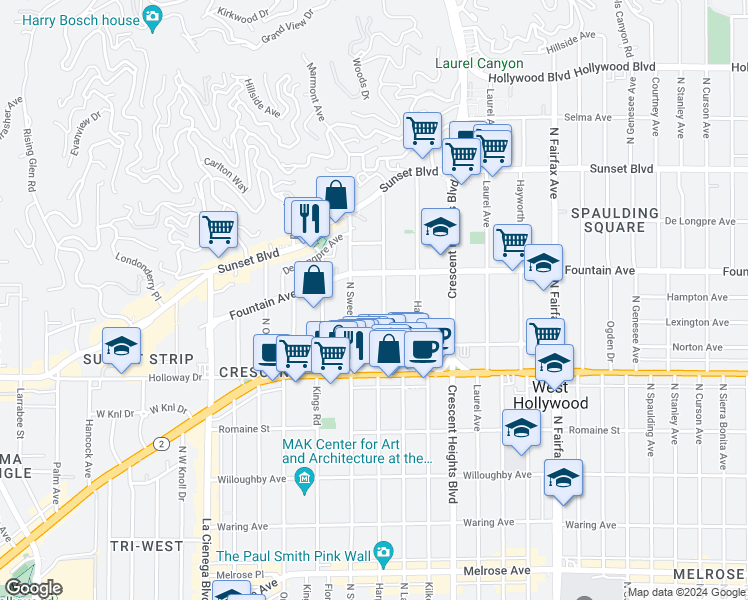 map of restaurants, bars, coffee shops, grocery stores, and more near 1255 North Harper Avenue in West Hollywood