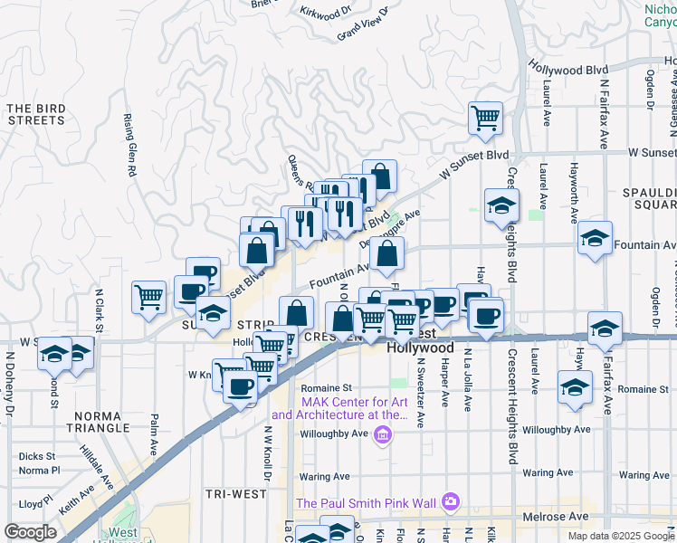 map of restaurants, bars, coffee shops, grocery stores, and more near 1307 North Olive Drive in West Hollywood