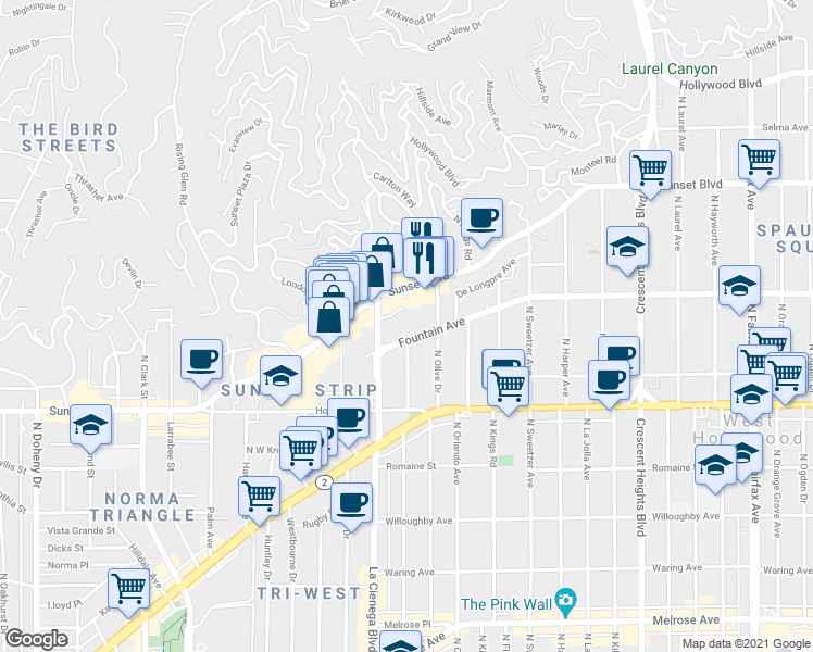map of restaurants, bars, coffee shops, grocery stores, and more near 1228 North La Cienega Boulevard in West Hollywood