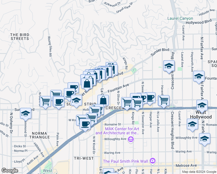 map of restaurants, bars, coffee shops, grocery stores, and more near 1228 North La Cienega Boulevard in West Hollywood