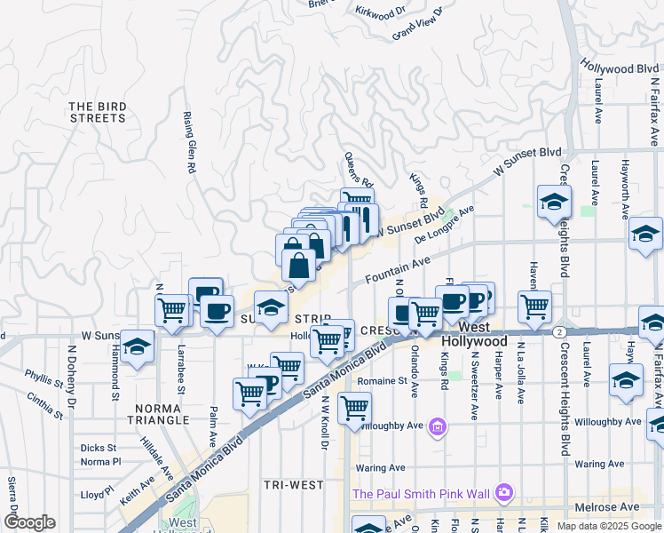 map of restaurants, bars, coffee shops, grocery stores, and more near 8534 Sunset Boulevard in West Hollywood