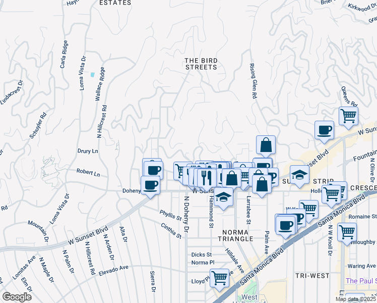 map of restaurants, bars, coffee shops, grocery stores, and more near 1249 North Wetherly Drive in Los Angeles