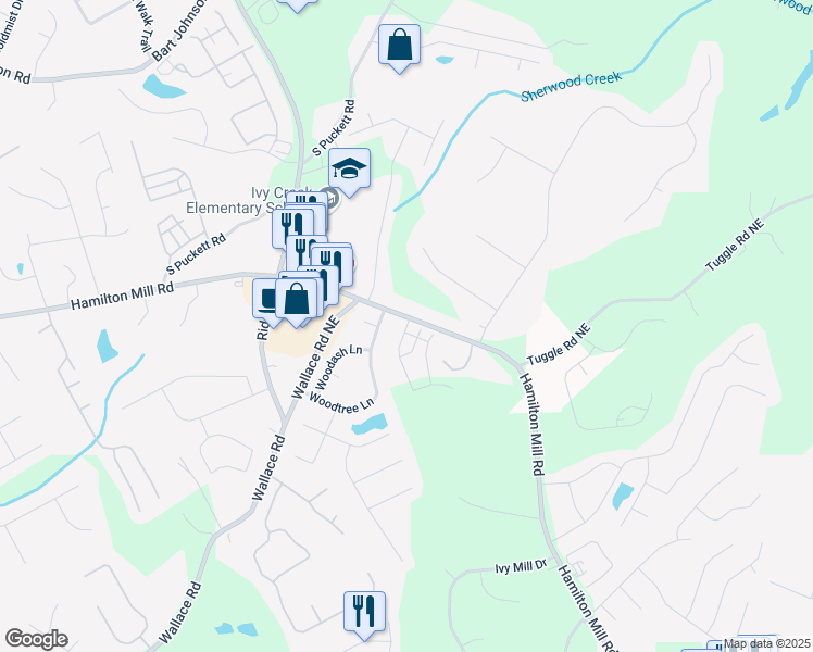 map of restaurants, bars, coffee shops, grocery stores, and more near 3047 Abelia Drive in Buford
