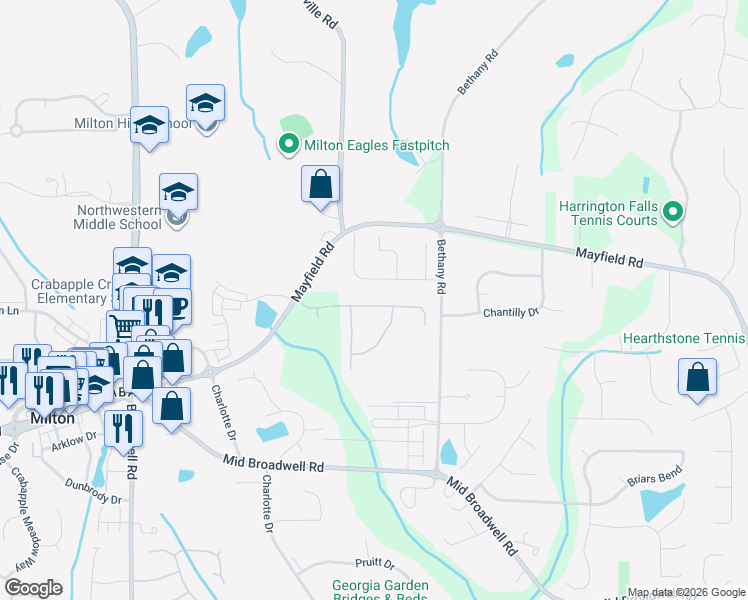 map of restaurants, bars, coffee shops, grocery stores, and more near 1100 Bascomb Farm Drive in Alpharetta
