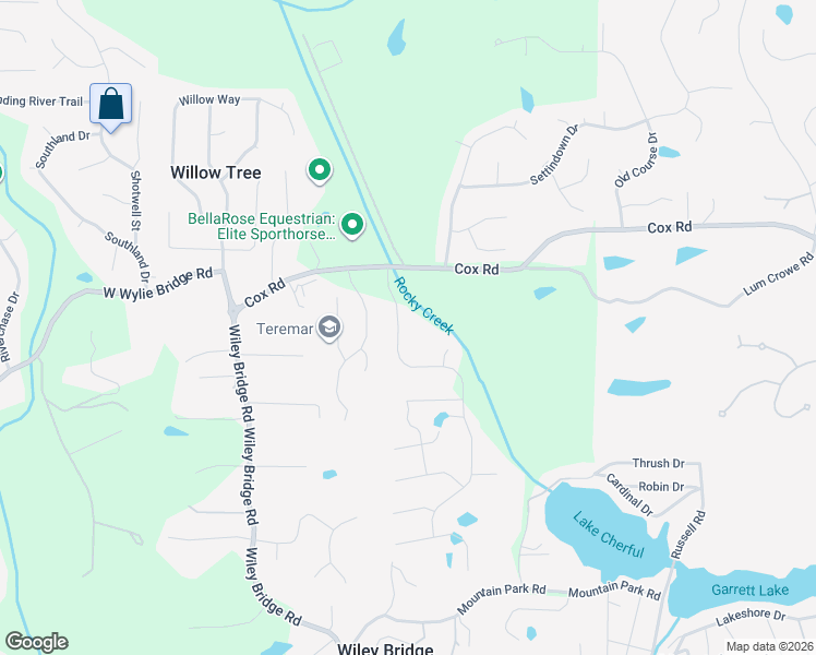 map of restaurants, bars, coffee shops, grocery stores, and more near 115 Rocky Creek Trail in Woodstock