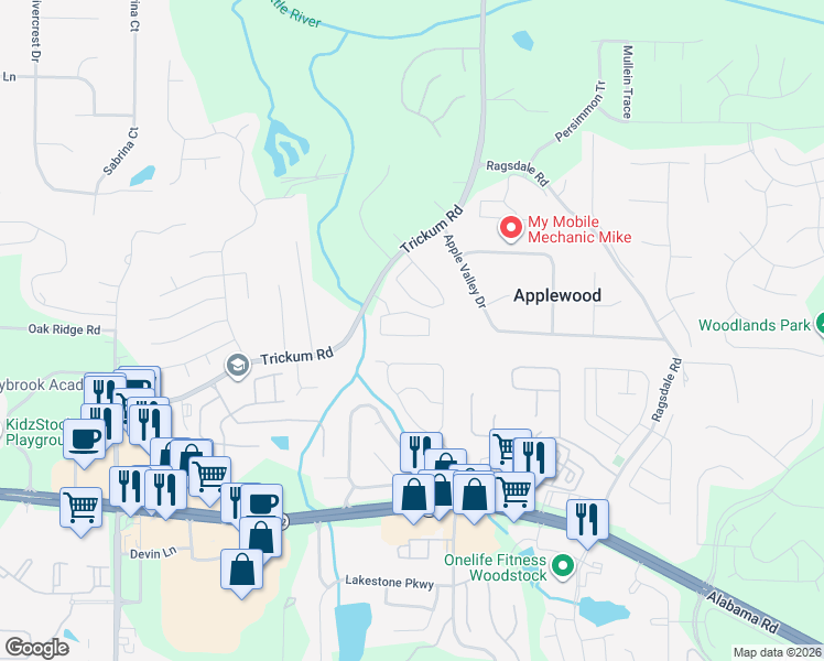 map of restaurants, bars, coffee shops, grocery stores, and more near 141 Regent Place in Woodstock