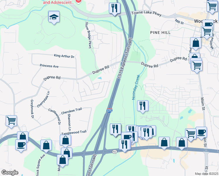 map of restaurants, bars, coffee shops, grocery stores, and more near 635 Stickley Oak Way in Woodstock