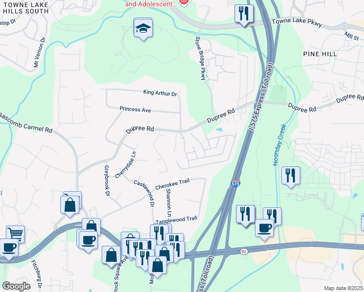 map of restaurants, bars, coffee shops, grocery stores, and more near 118 Village Green Avenue in Woodstock