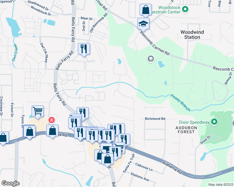 map of restaurants, bars, coffee shops, grocery stores, and more near 501 Woodland Trce in Woodstock