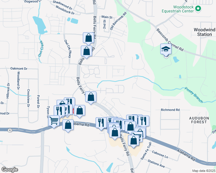 map of restaurants, bars, coffee shops, grocery stores, and more near 903 Hollytree Place in Acworth