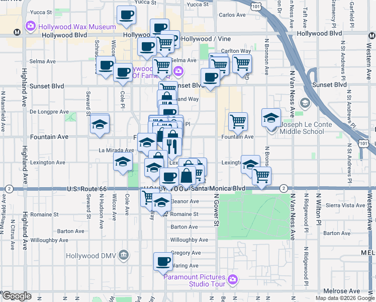 map of restaurants, bars, coffee shops, grocery stores, and more near 6204 La Mirada Avenue in Los Angeles