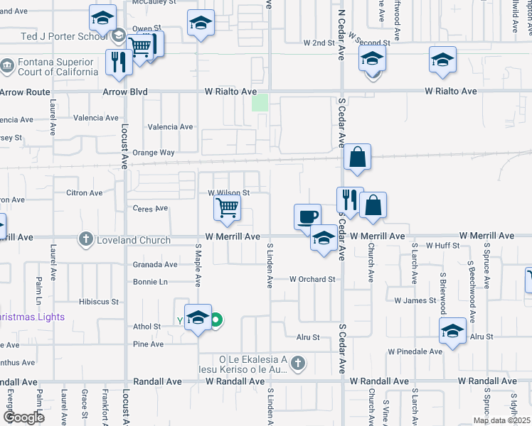 map of restaurants, bars, coffee shops, grocery stores, and more near 434 South Linden Avenue in Rialto