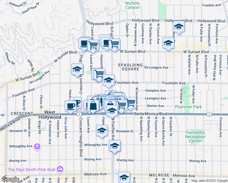 map of restaurants, bars, coffee shops, grocery stores, and more near 1250 North Fairfax Avenue in West Hollywood