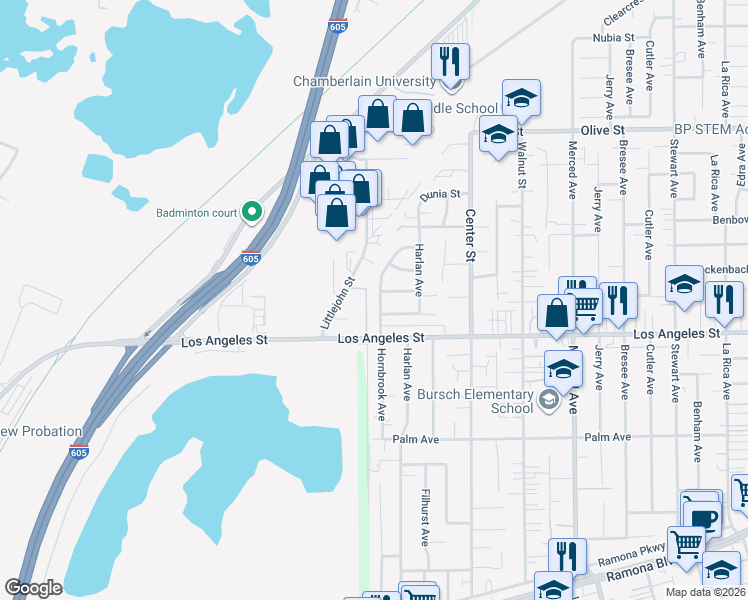 map of restaurants, bars, coffee shops, grocery stores, and more near 4445 Hornbrook Avenue in Baldwin Park