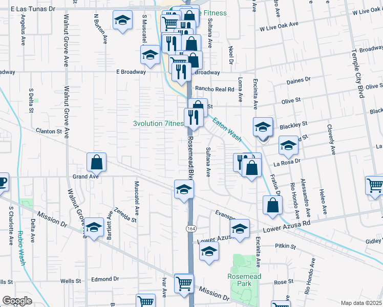 map of restaurants, bars, coffee shops, grocery stores, and more near Rosemead Blvd & Pentland St in Temple City