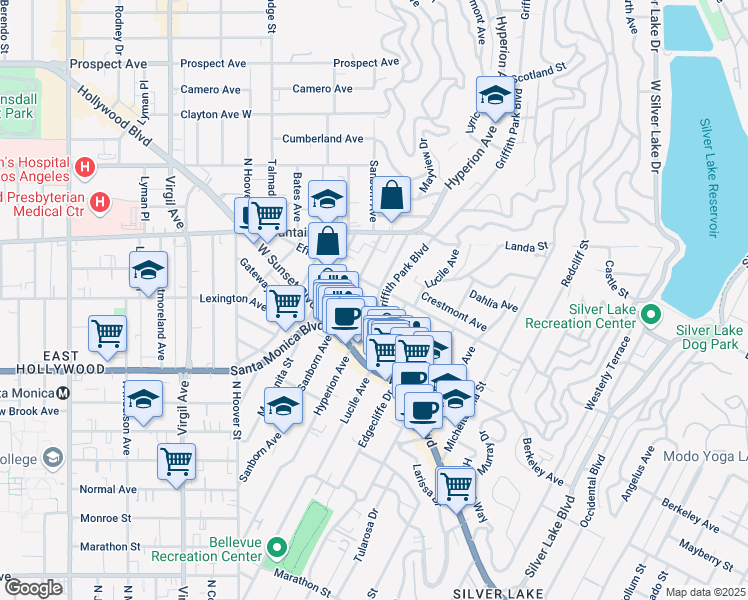 map of restaurants, bars, coffee shops, grocery stores, and more near 1163 Hyperion Avenue in Los Angeles