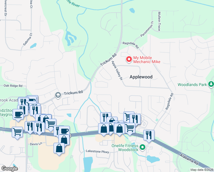 map of restaurants, bars, coffee shops, grocery stores, and more near 153 Regent Place in Woodstock
