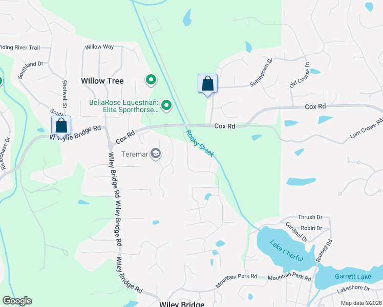 map of restaurants, bars, coffee shops, grocery stores, and more near 115 Rocky Creek Trail in Woodstock