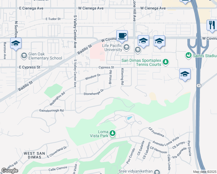 map of restaurants, bars, coffee shops, grocery stores, and more near 943 Bristol Road in San Dimas