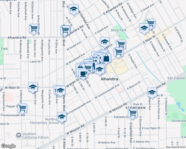map of restaurants, bars, coffee shops, grocery stores, and more near 240 West Main Street in Alhambra