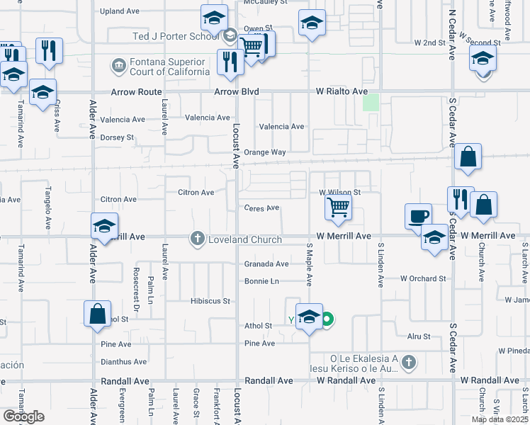map of restaurants, bars, coffee shops, grocery stores, and more near 18155 Williams Road in Fontana
