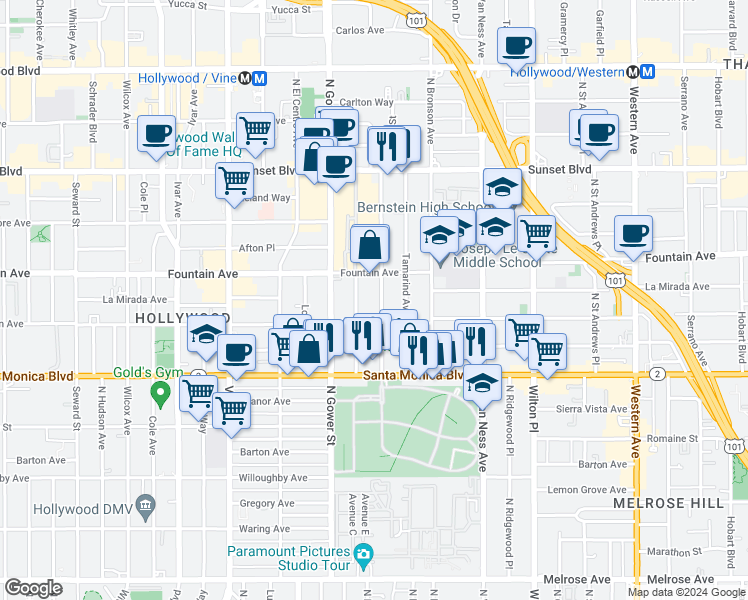 map of restaurants, bars, coffee shops, grocery stores, and more near 1227 Gordon Street in Los Angeles