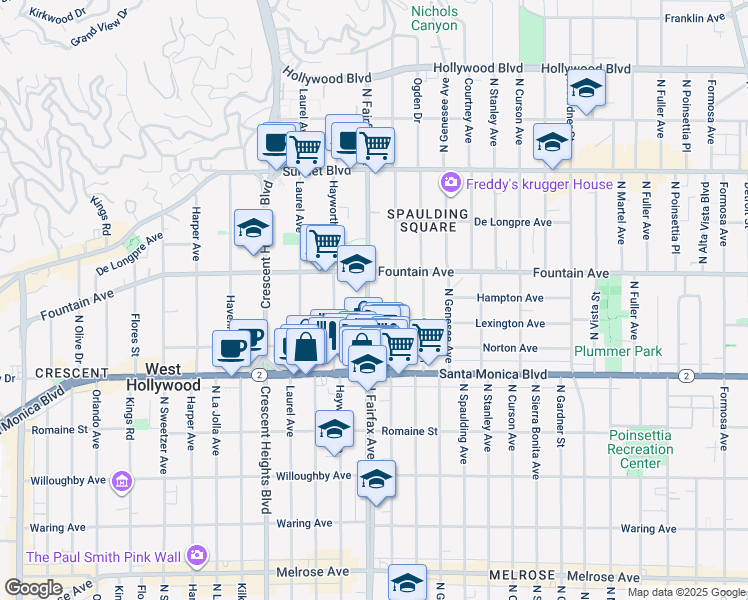map of restaurants, bars, coffee shops, grocery stores, and more near 1250 North Fairfax Avenue in West Hollywood