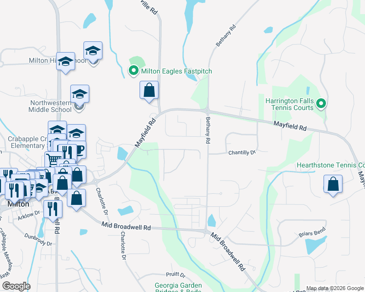 map of restaurants, bars, coffee shops, grocery stores, and more near 1100 Bascomb Farm Drive in Alpharetta